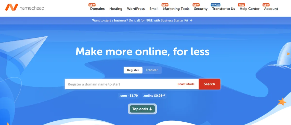 Namecheap homepage: make more online, for less