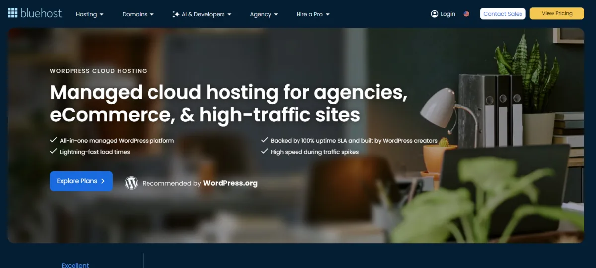 Bluehost Cloud homepage: managed cloud hosting for agencies, eCommerce and high-traffic sites