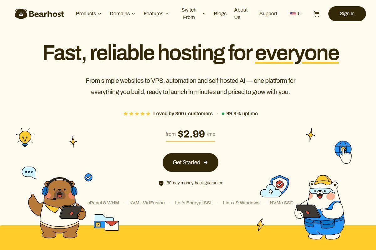 BearHost hosting homepage showing flat $2.99/mo pricing