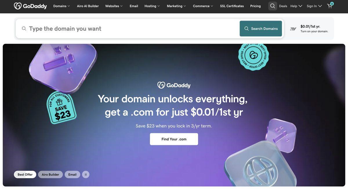 GoDaddy hosting homepage