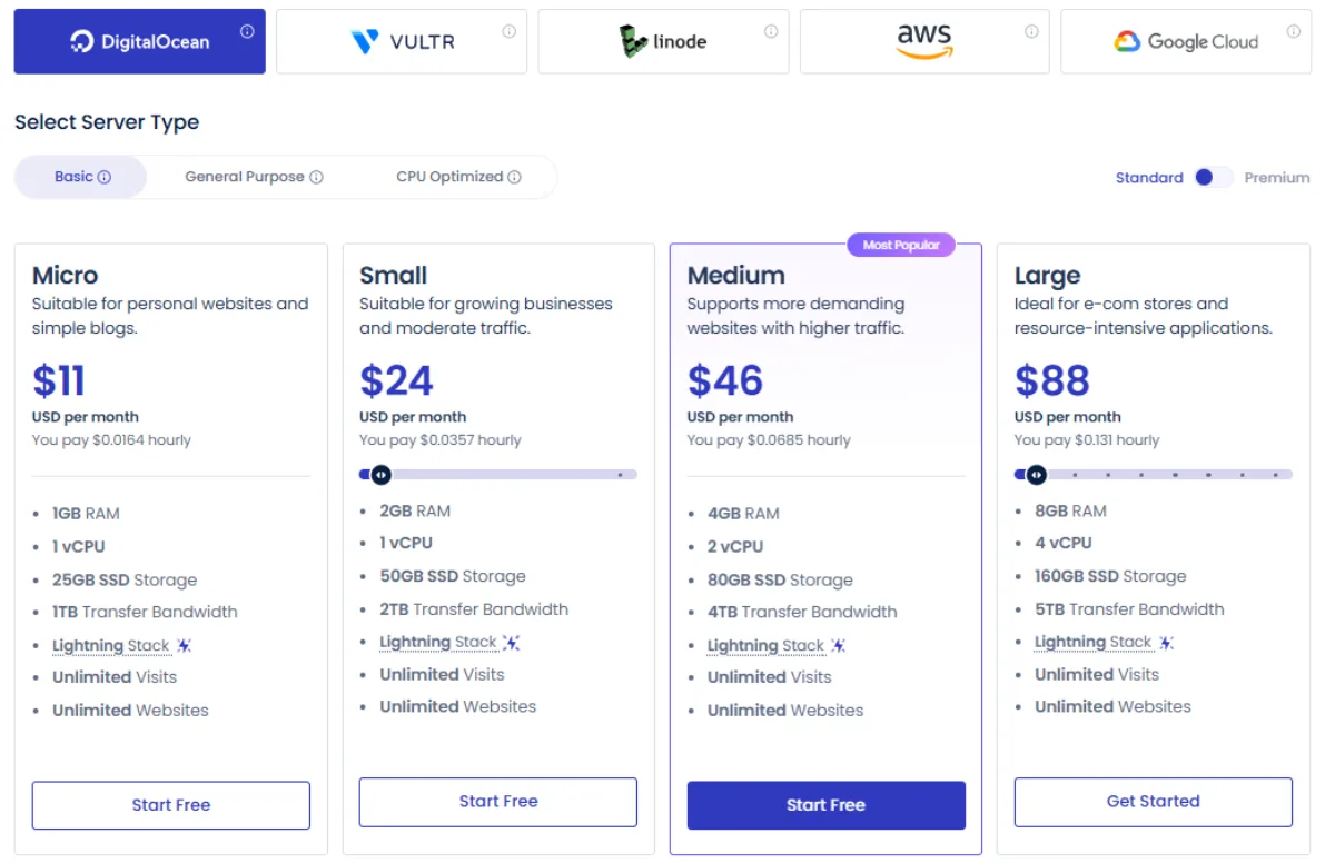 Cloudways Flexible pricing across DigitalOcean, Vultr, Linode, AWS and Google Cloud, from $11 to $88 per month