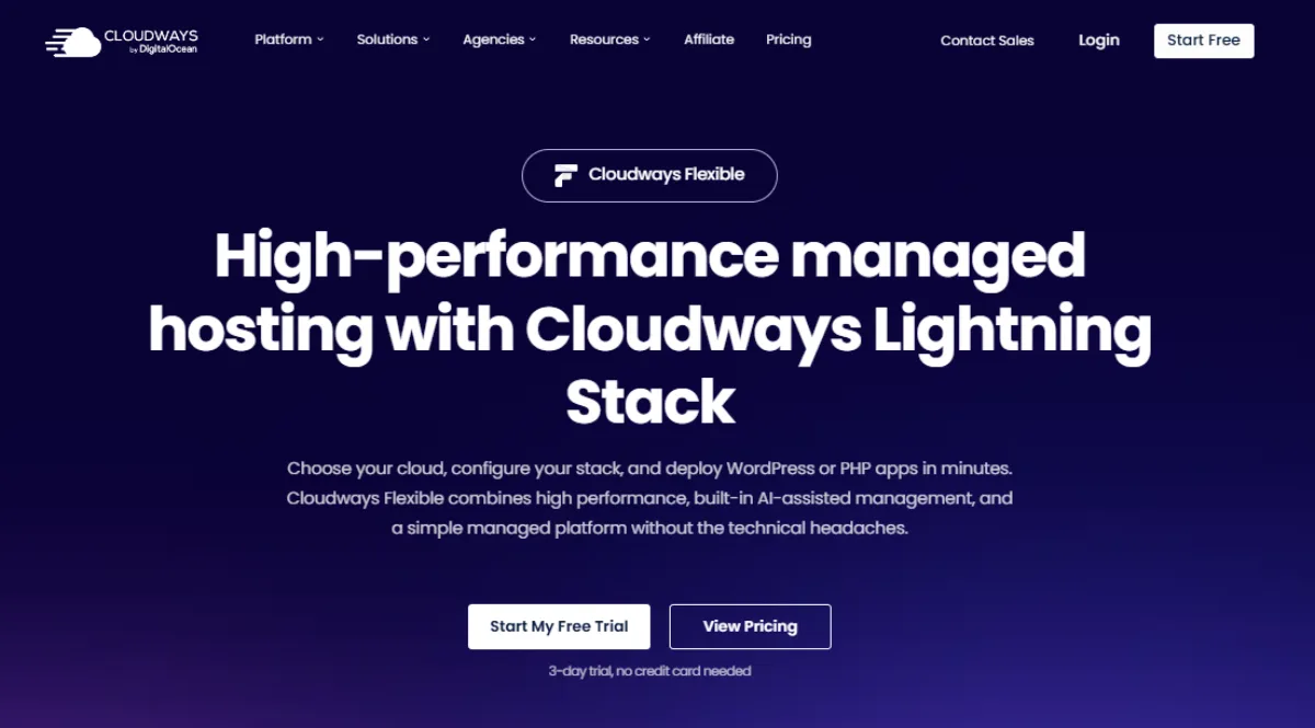 Cloudways Flexible product page: choose your cloud, configure your stack, deploy WordPress or PHP in minutes