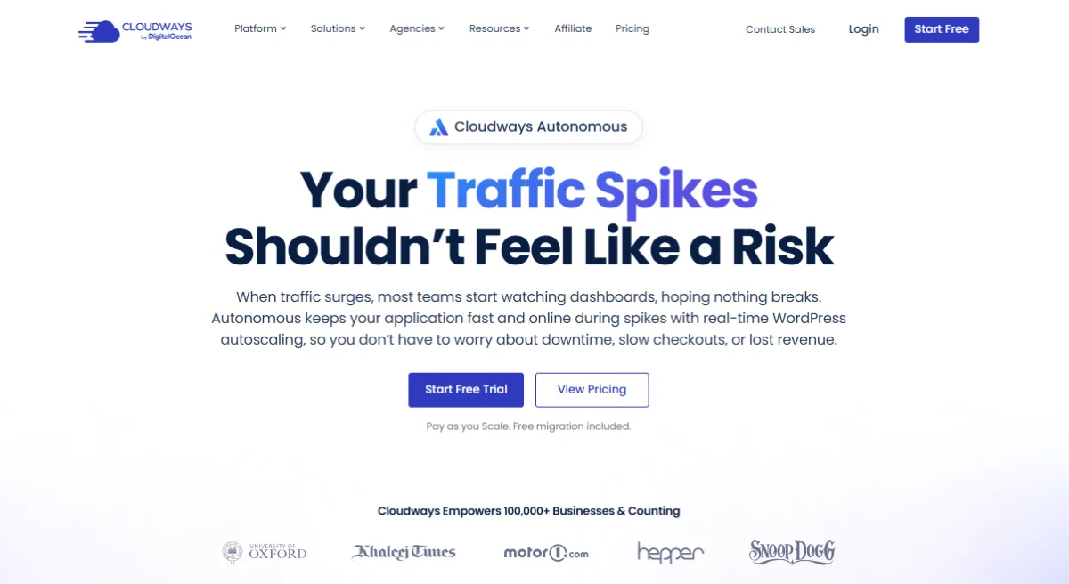 Cloudways Autonomous product page: your traffic spikes shouldn't feel like a risk