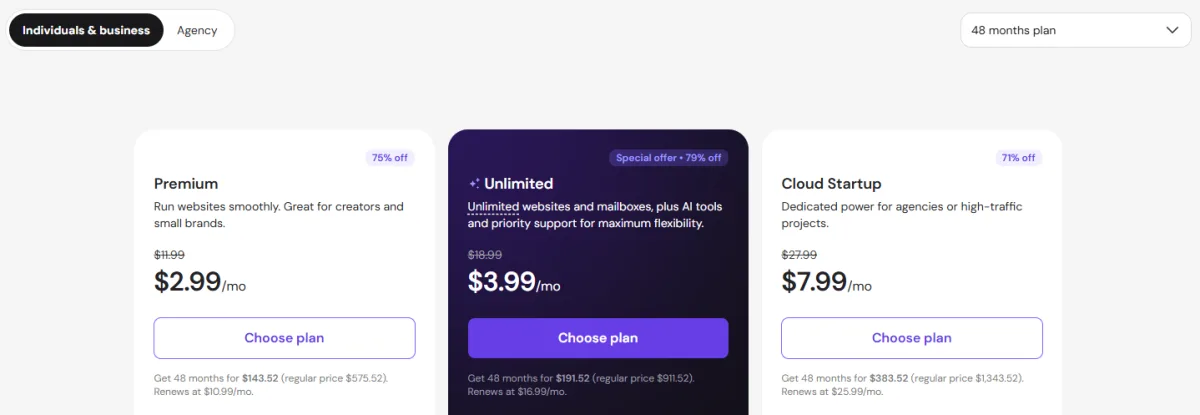 Hostinger pricing: Premium $2.99, Unlimited $3.99, Cloud Startup $7.99 on a 48-month plan, renewing higher