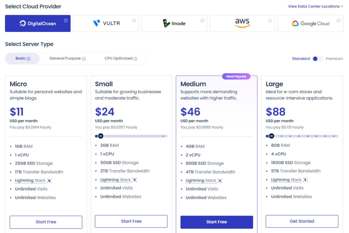 Cloudways cloud provider selection: DigitalOcean, Vultr, Linode, AWS, and Google Cloud with server sizes