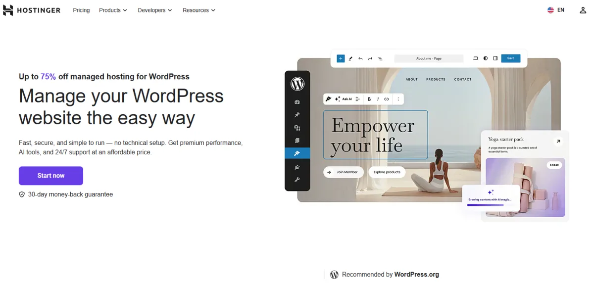 Hostinger managed WordPress page: manage your WordPress website the easy way, up to 75% off