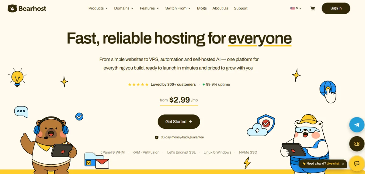BearHost homepage: fast, reliable hosting for everyone, flat pricing with panel and support included